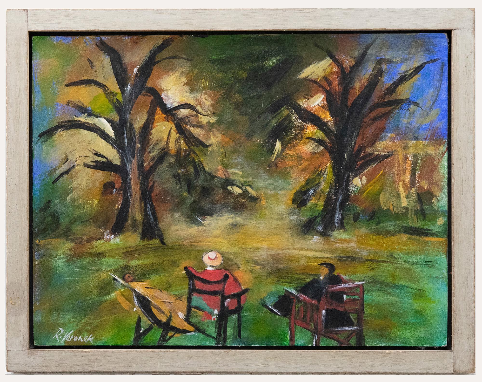 Unknown Landscape Painting - Robert Veronek - Framed Contemporary Oil, Relaxing by the Beech Trees