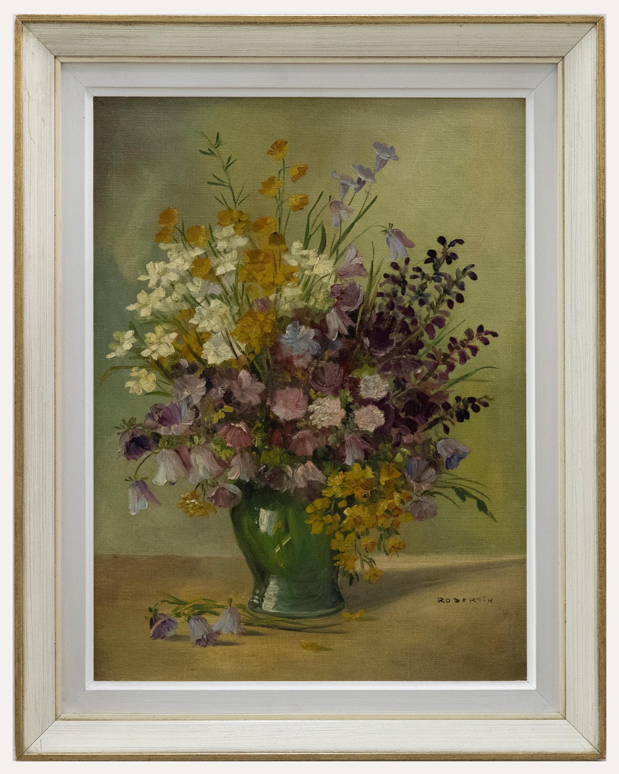 Unknown Still-Life Painting - Robertin - 20th Century Oil, Spring Posey in a Green Vase