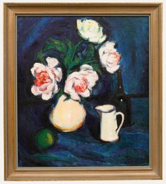 Robertine de Vooght (1904-1979) - Óleo, Naturaleza muerta de flores con botella y jarra