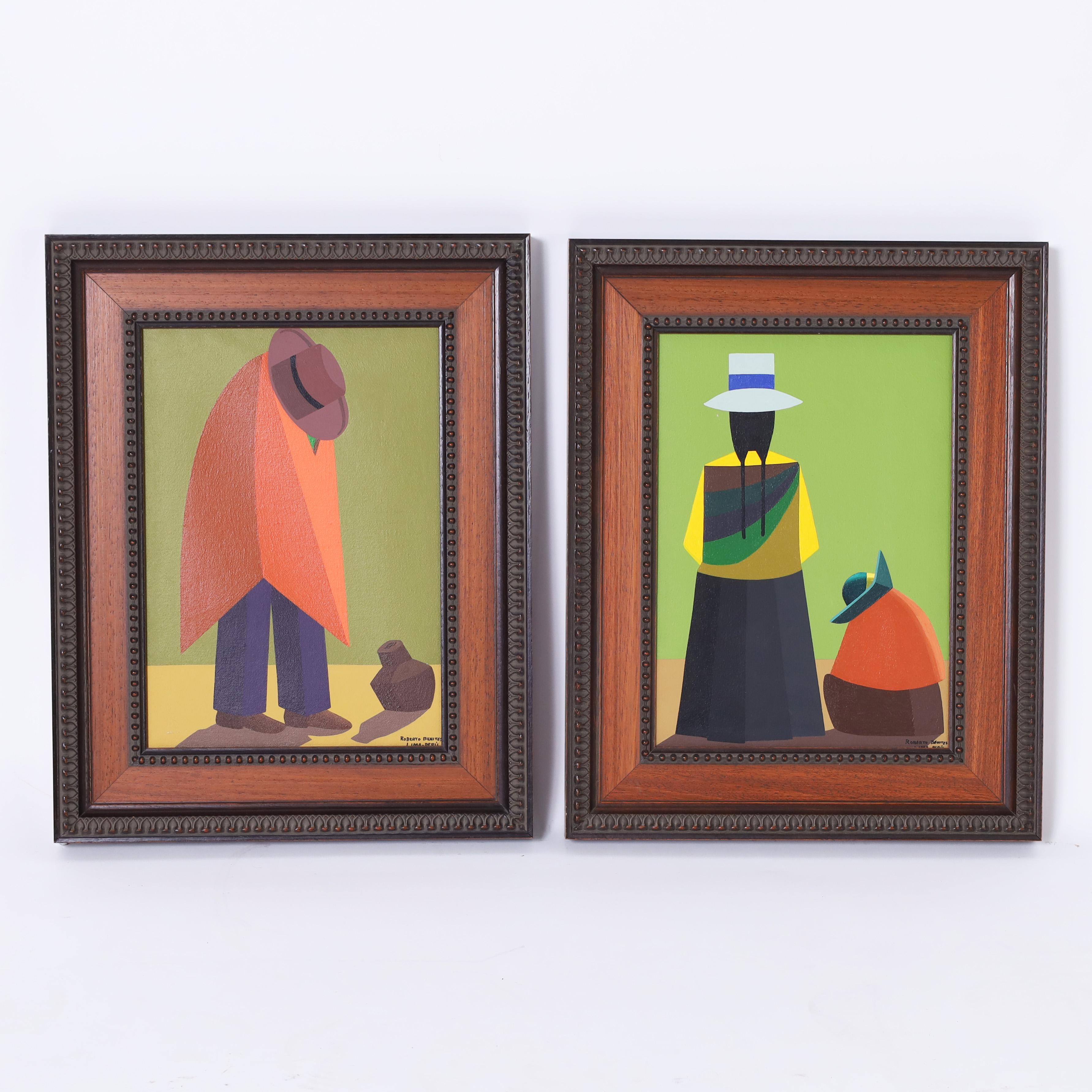 Figurative Painting de Unknown - Roberto Benites Pareja de cuadros modernistas figurativos