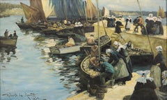 Roberto le Rossett - Framed 1909 Oil, Unloading the Catch