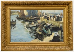 Roberto le Rossett - Framed 1909 Oil, Unloading the Catch