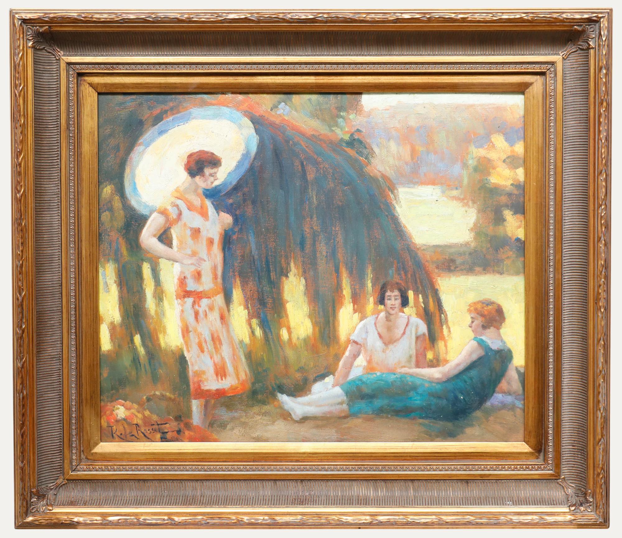 Figurative Painting Unknown - Roberto Le Rossett - École française du milieu du 20e siècle Huile, Sous l'ombrelle