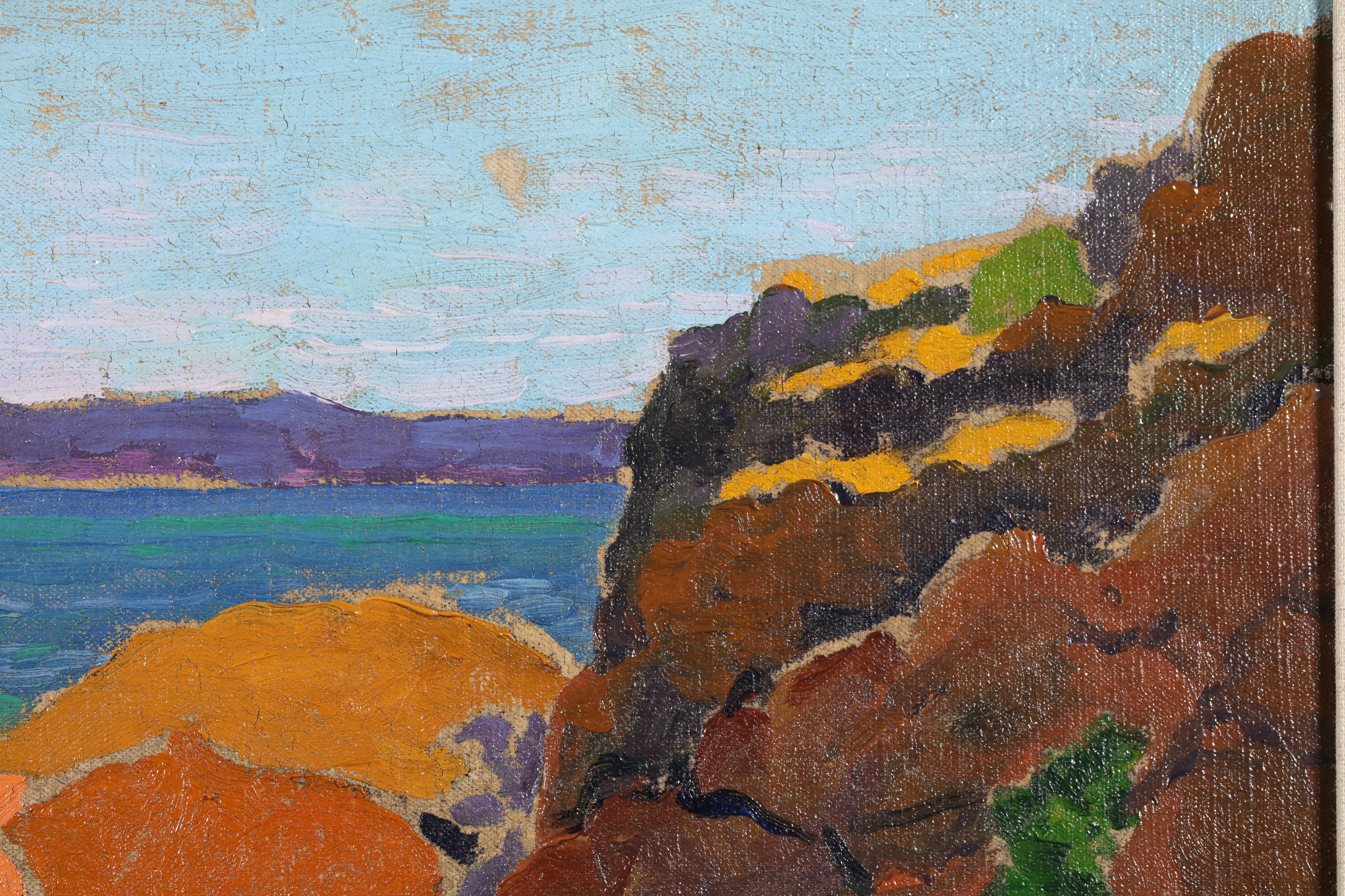 Indistinctly monogrammed Nabis school oil on canvas circa 1915. The work depicts a rocky shoreline with the blue ocean beyond and a clear sky overhead.

Signature:
Indistinctly monogrammed lower right

Dimensions:
Framed: 22
