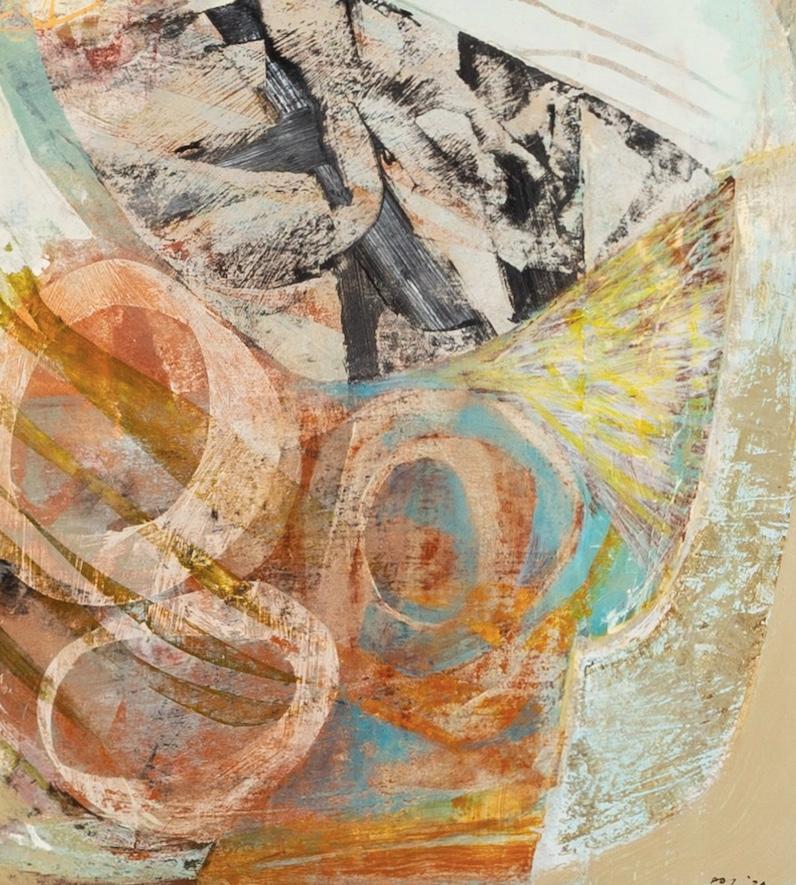 Abstraktes Acrylgemälde mit Collage auf Karton, 2024 - Beige + Rot im Angebot 1