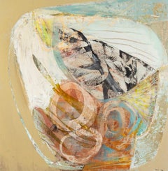 Abstraktes Acrylgemälde mit Collage auf Karton, 2024 - Beige + Rot