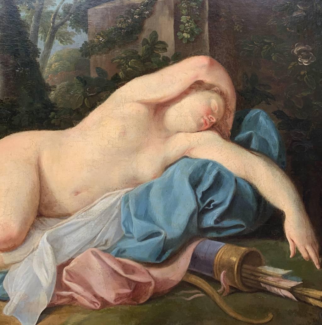 Maestro francese (XVIII secolo) - Diana addormentata.

95 x 125 cm.

Vecchio dipinto a olio su tela, senza cornice.

Rapporto sulle condizioni: Tela foderata. Buono stato di conservazione della superficie pittorica, sono presenti tracce di vecchi