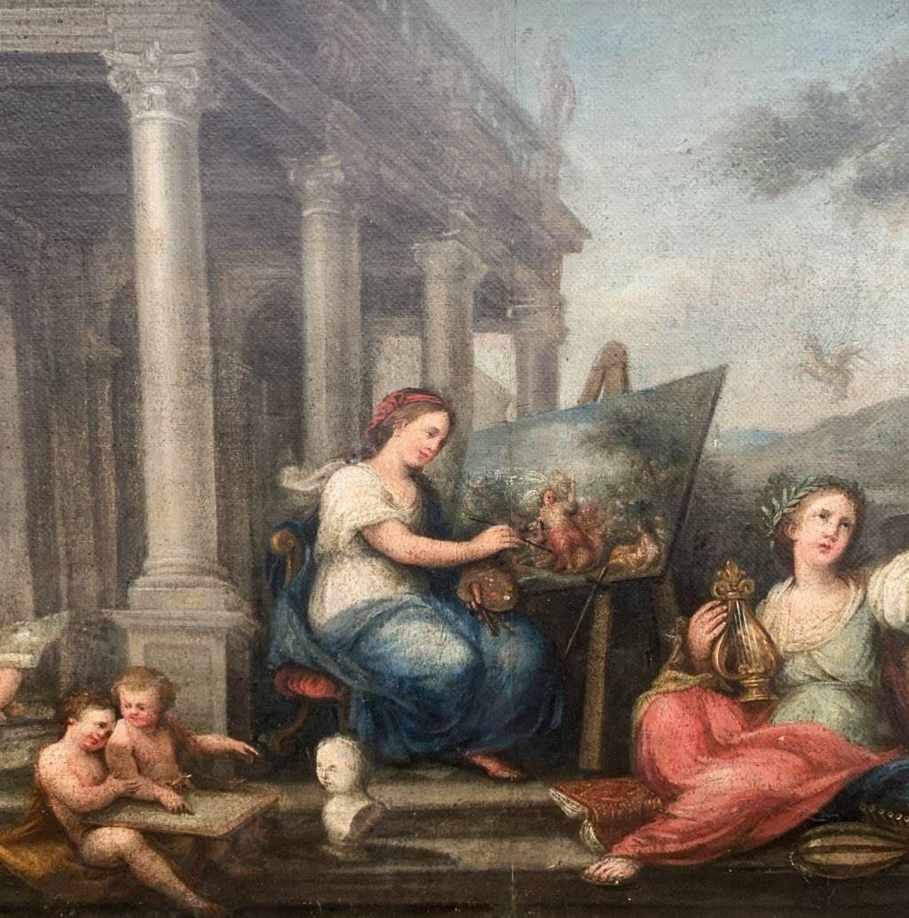 Rococò Pittore francese - Pittura di figura del XVIII secolo - Allegoria delle arti in vendita 10