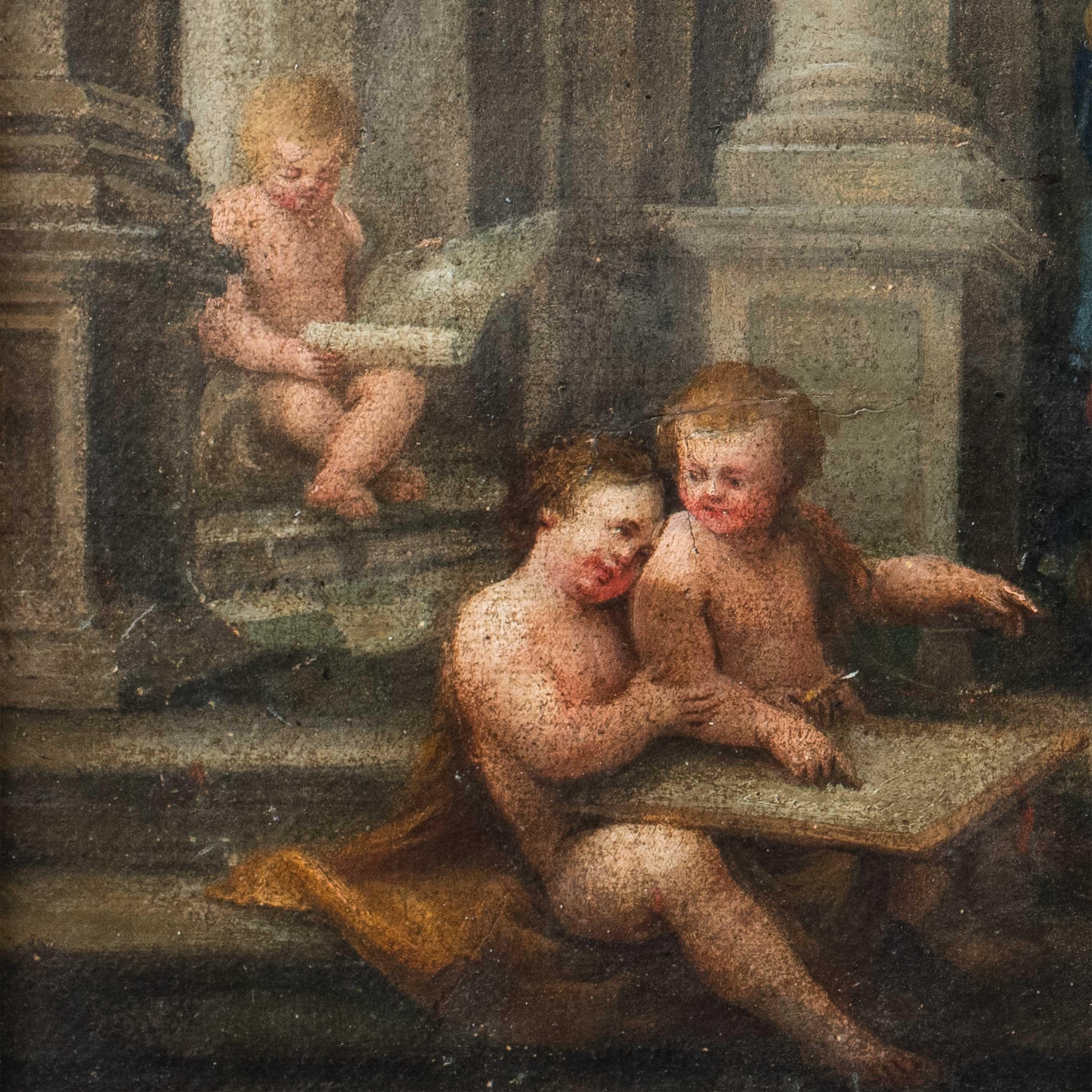 Rococò Pittore francese - Pittura di figura del XVIII secolo - Allegoria delle arti - Figurative Painting Marrone di Unknown