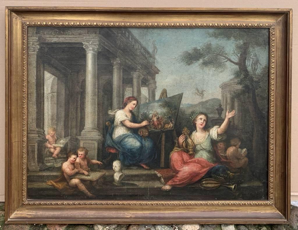 Maestro francese (XVIII secolo) - Allegoria delle arti.

53 x 72 cm senza cornice, 63 x 83 cm con cornice.

Antico dipinto a olio su tela, in una cornice di legno dorato.

Rapporto sulle condizioni: Tela foderata. Buono stato di conservazione della