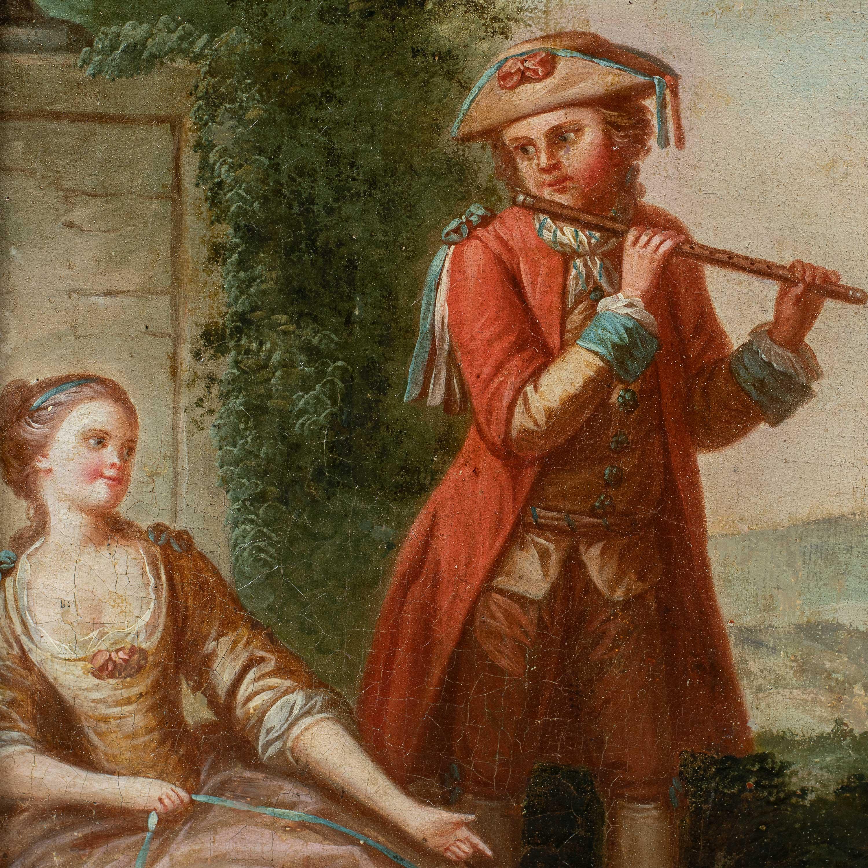 Rococò Pintor francés - Pintura de figuras del siglo XVIII - Perro flautista - Painting de Unknown