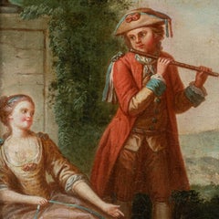 Rococò French painter - 18th century figure painting - Flute player dog