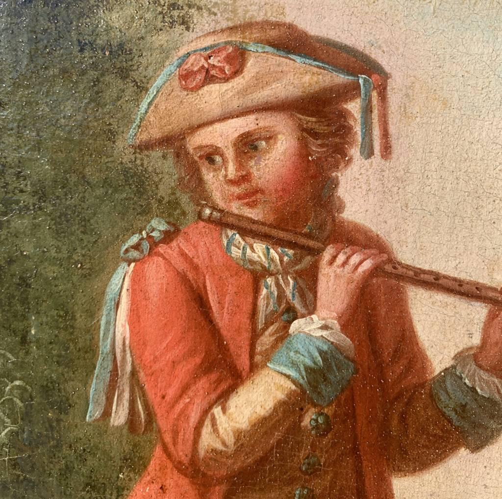Rococò Pintor francés - Pintura de figuras del siglo XVIII - Perro flautista en venta 3