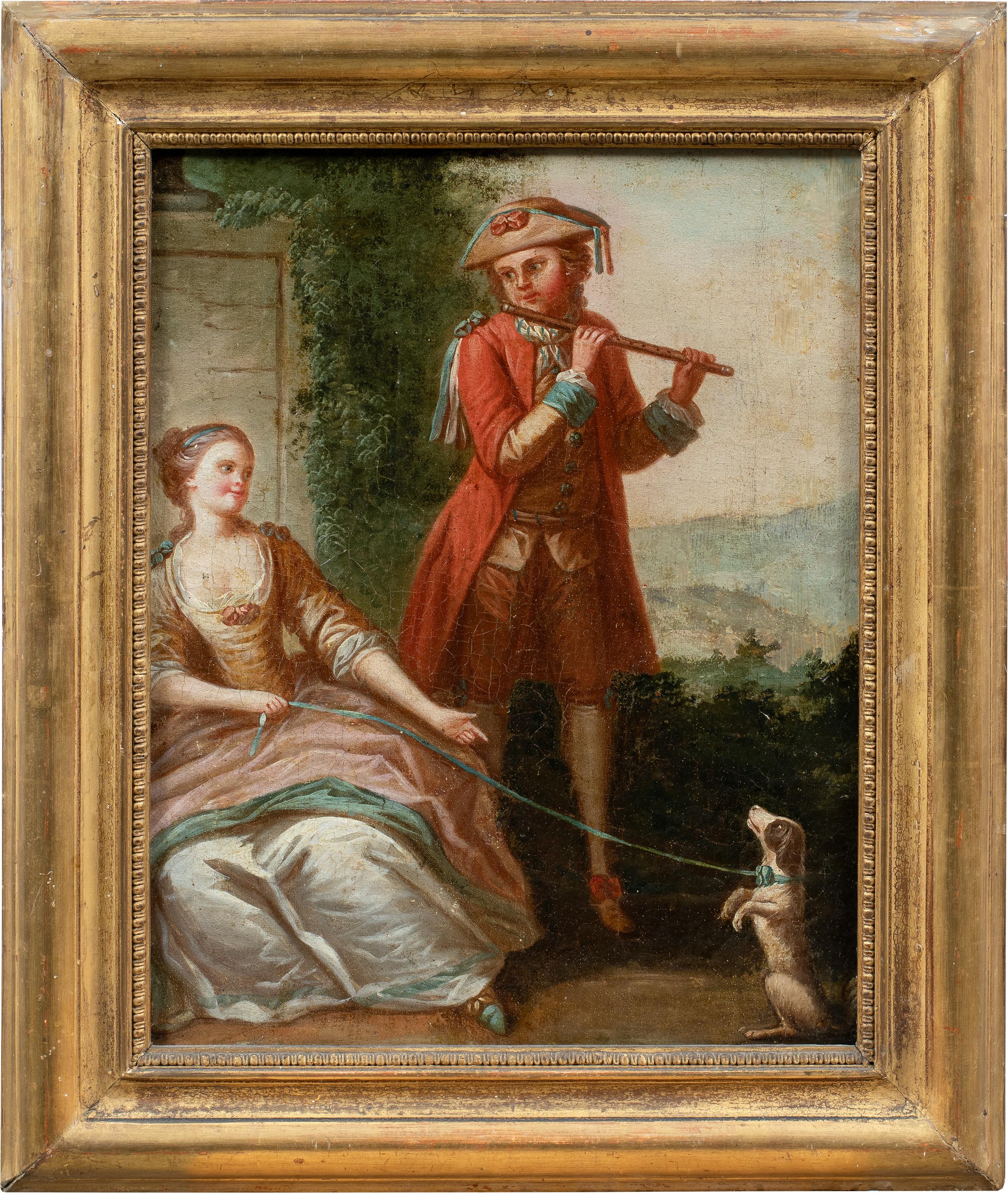 Landscape Painting de Unknown - Rococò Pintor francés - Pintura de figuras del siglo XVIII - Perro flautista