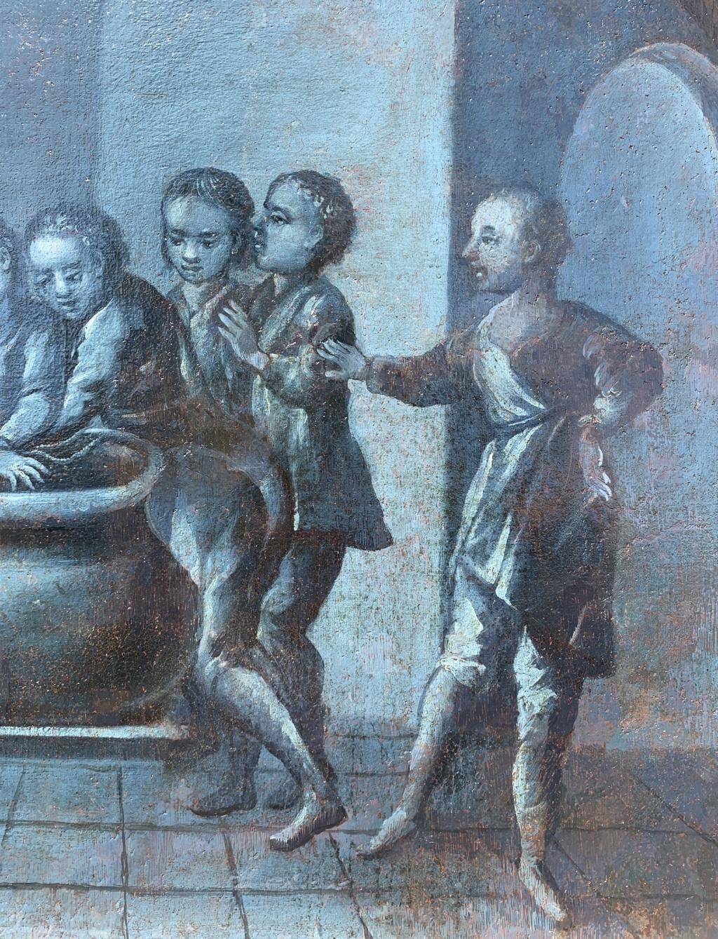 Peintre allemand (XVIIIe siècle) - Le chaudron.

84 x 105cm.

Peinture à l'huile ancienne sur toile, sans cadre.

État des lieux : Toile doublée. Bon état de conservation de la surface picturale, il y a des traces de restaurations anciennes et