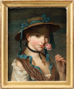 Rococo French painter - 18th century figure painting - Portrait girl with rose
