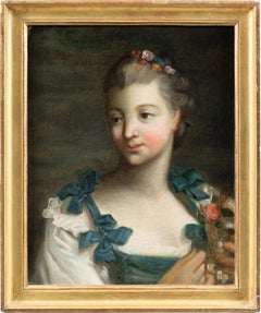 Rococò French painter - 18th century figure painting - Portrait girl with rose 