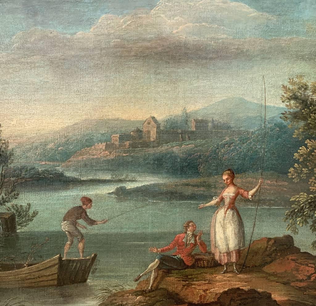 Rococò Französischer Maler - Landschaftsmalerei des 18. Jahrhunderts - Galante Figuren (Grau), Landscape Painting, von Unknown