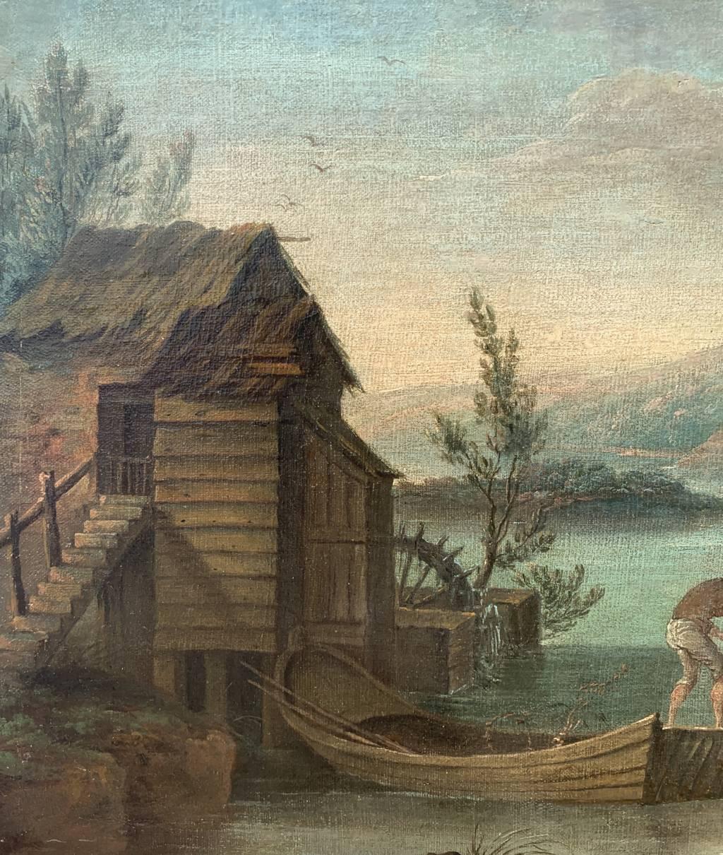 Französischer Maler (18. Jahrhundert) - Arkadische Landschaft mit Fischern und galanten Figuren.

54,5 x 94,4 cm ungerahmt, 60 x 100 cm gerahmt.

Öl auf Leinwand, in einem vergoldeten Holzrahmen.

Zustandsbericht: Gefütterte Leinwand. Die lackierte