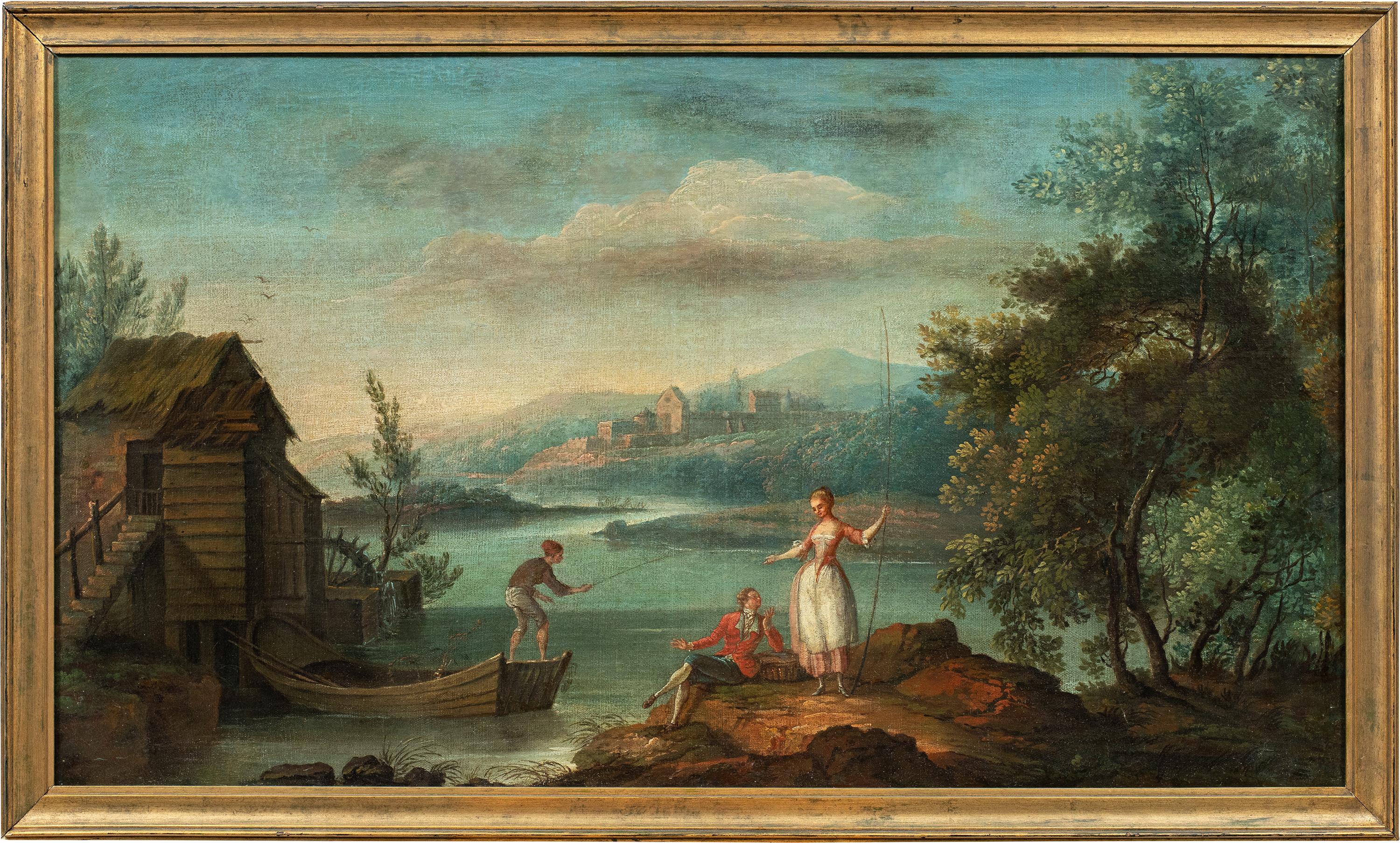 Unknown Landscape Painting – Rococò Französischer Maler - Landschaftsmalerei des 18. Jahrhunderts - Galante Figuren