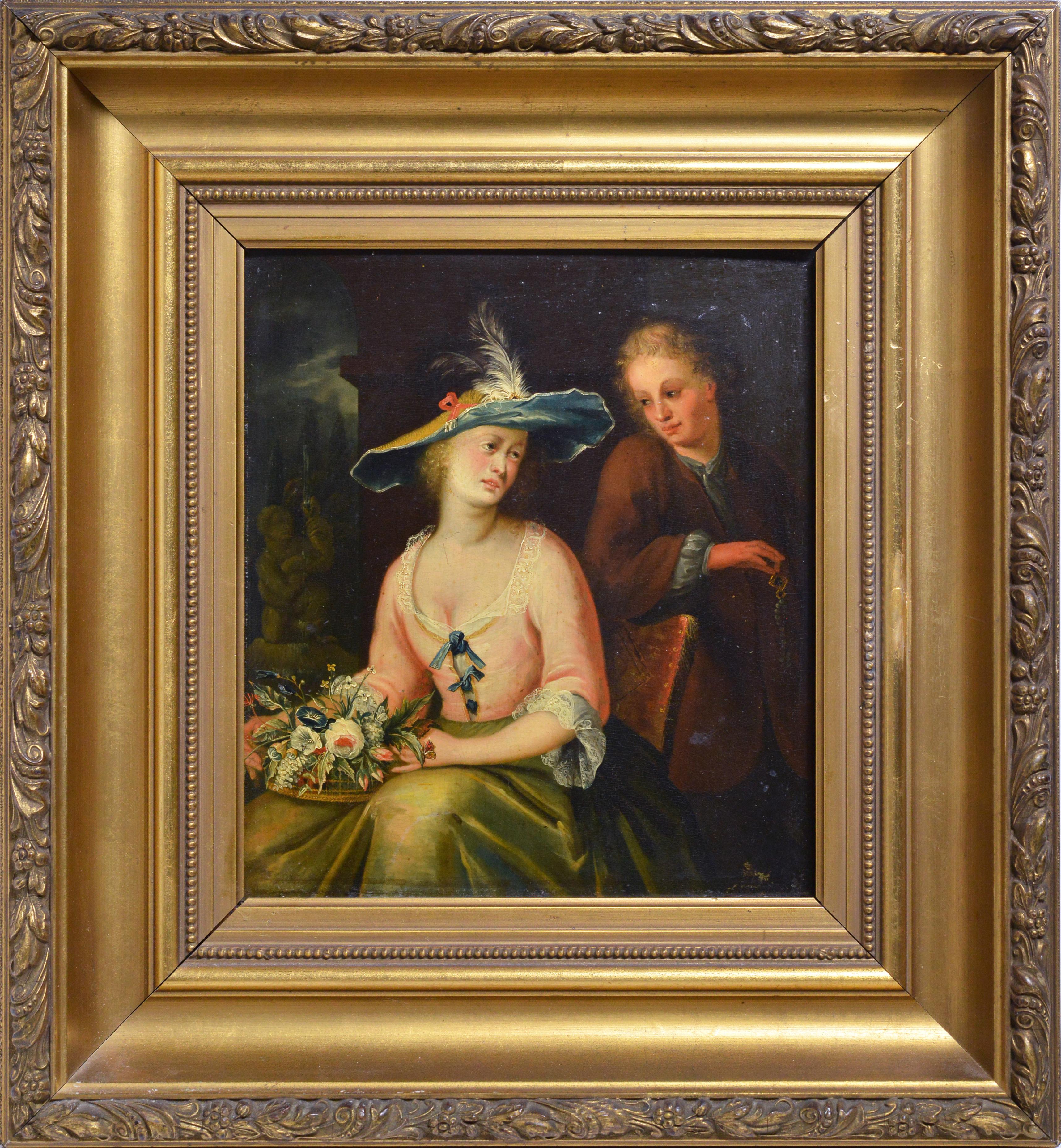 Rococo Genre scene Beloved Couple 18th century Oil painting on panel Framed