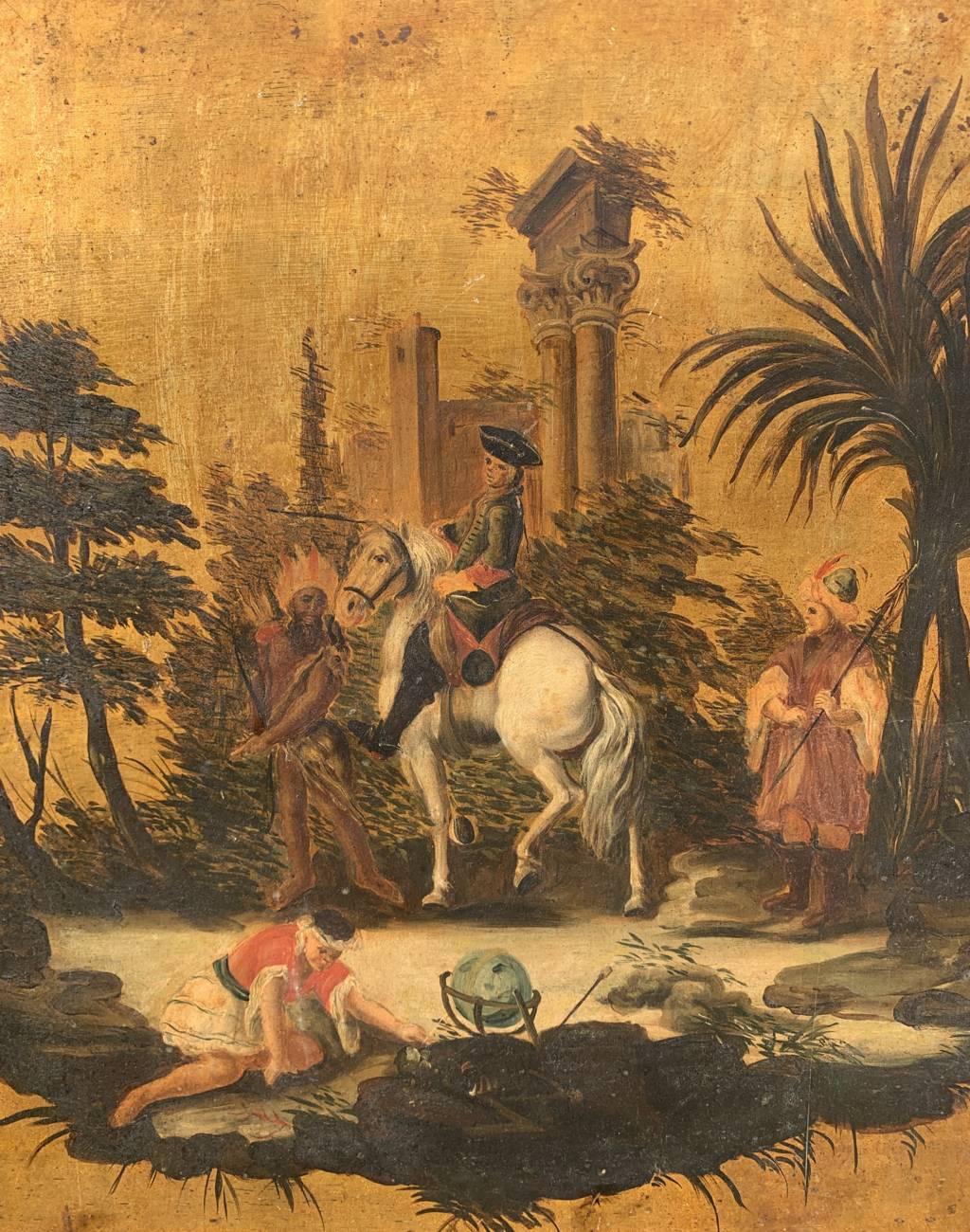 Pittore italiano (XVIII-XIX secolo) - Allegoria dell'America.

63 x 61 cm senza cornice, 73 x 71 cm con cornice.

Antico dipinto a olio su pannello a fondo oro, in una cornice di legno.

Conditio sine qua non: Buono stato di conservazione della