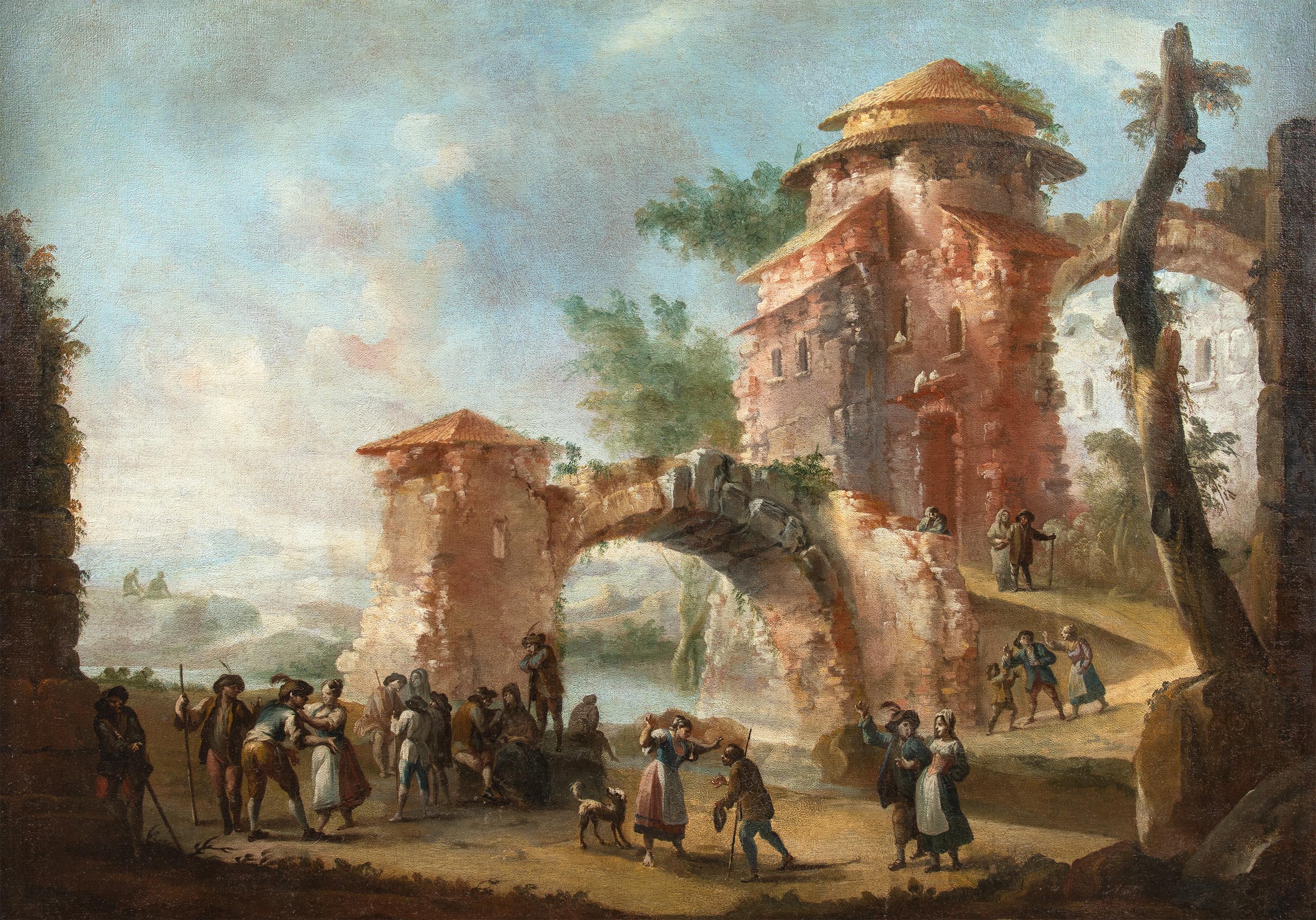 Unknown Figurative Painting - Rococò Italian painter - 18th century landscape painting - Festival 