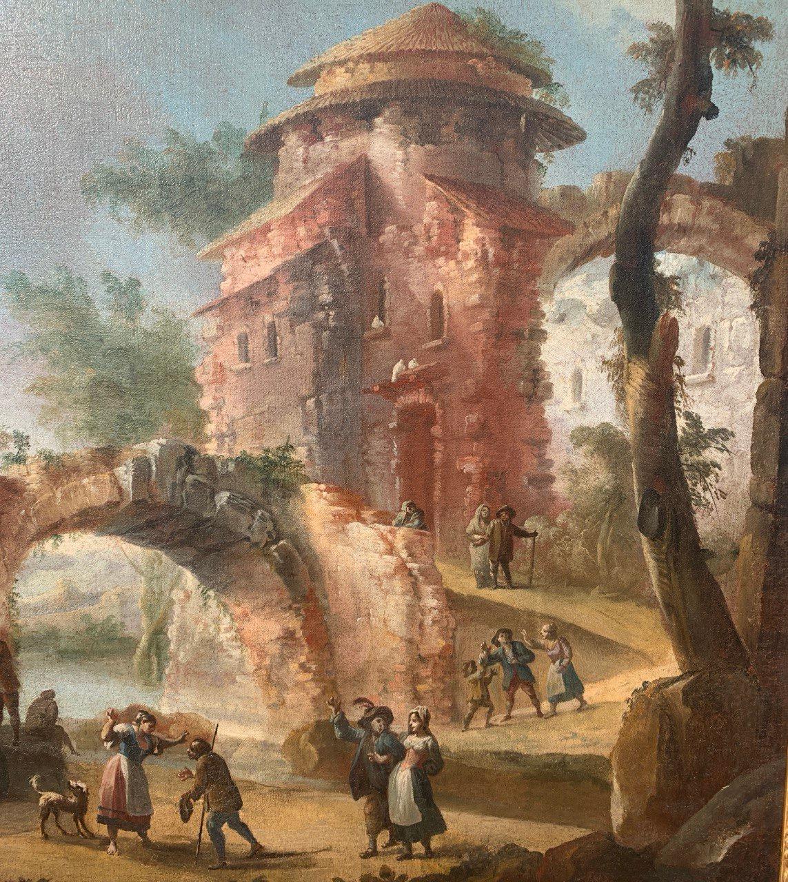 Rococò Italienischer Maler - Landschaftsmalerei des 18. Jahrhunderts - Festveranstaltung (Grau), Figurative Painting, von Unknown