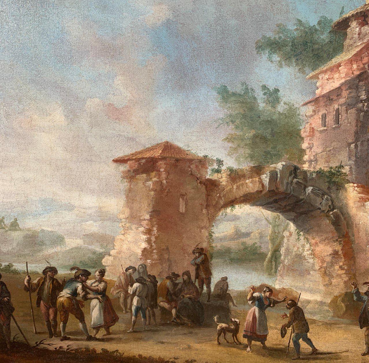 Italienischer Maler (18. Jahrhundert) - Landschaft mit Ruinen und Figuren.

97 x 138 cm ungerahmt, 114 x 156 cm mit Rahmen.

Altes Ölgemälde auf Leinwand, ungerahmt (nicht signiert).

Zustandsbericht: Gefütterte Leinwand. Die lackierte Oberfläche