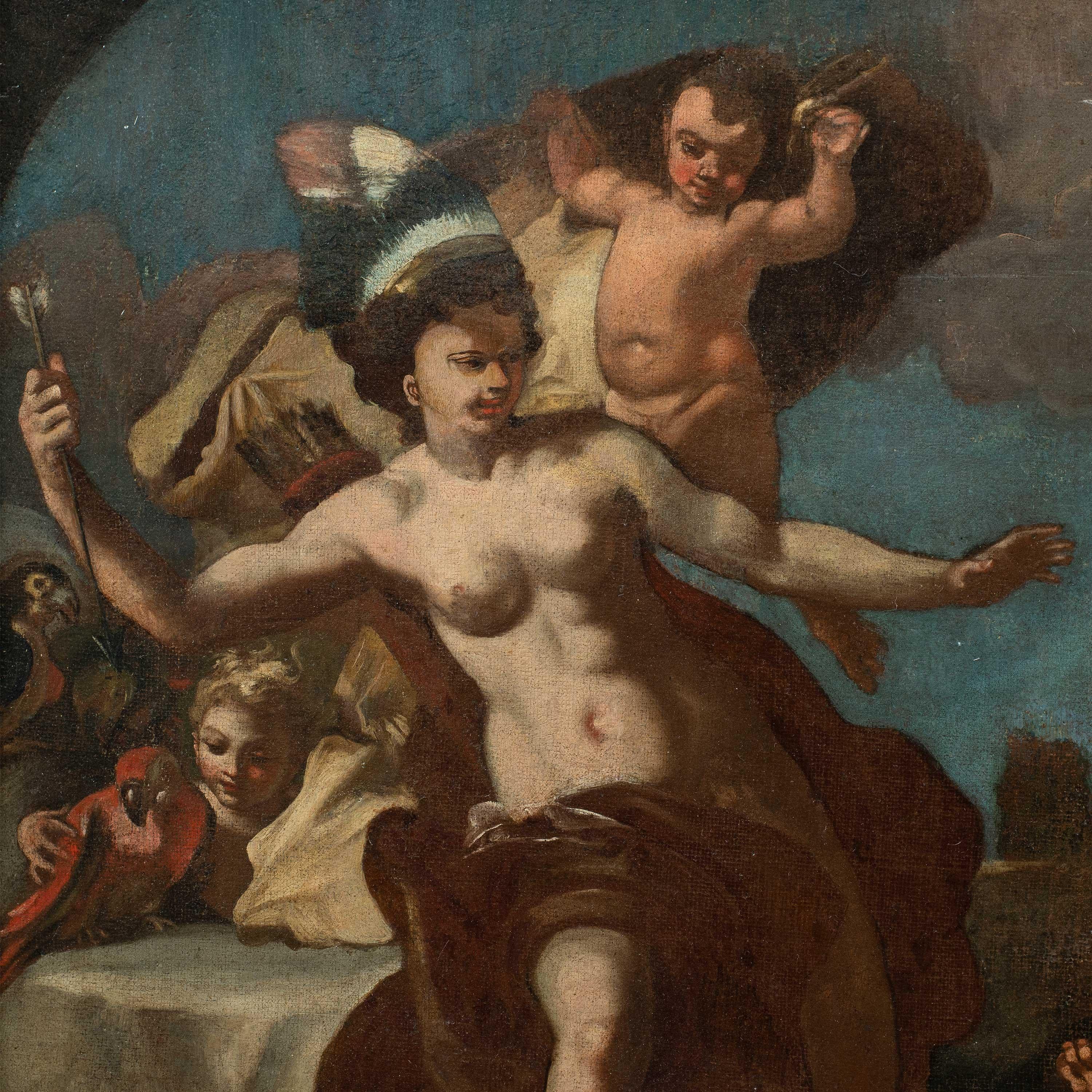 Rococò pittore napoletano - Pittura di figura del XVIII secolo - Allegoria dell'America - Painting di Unknown