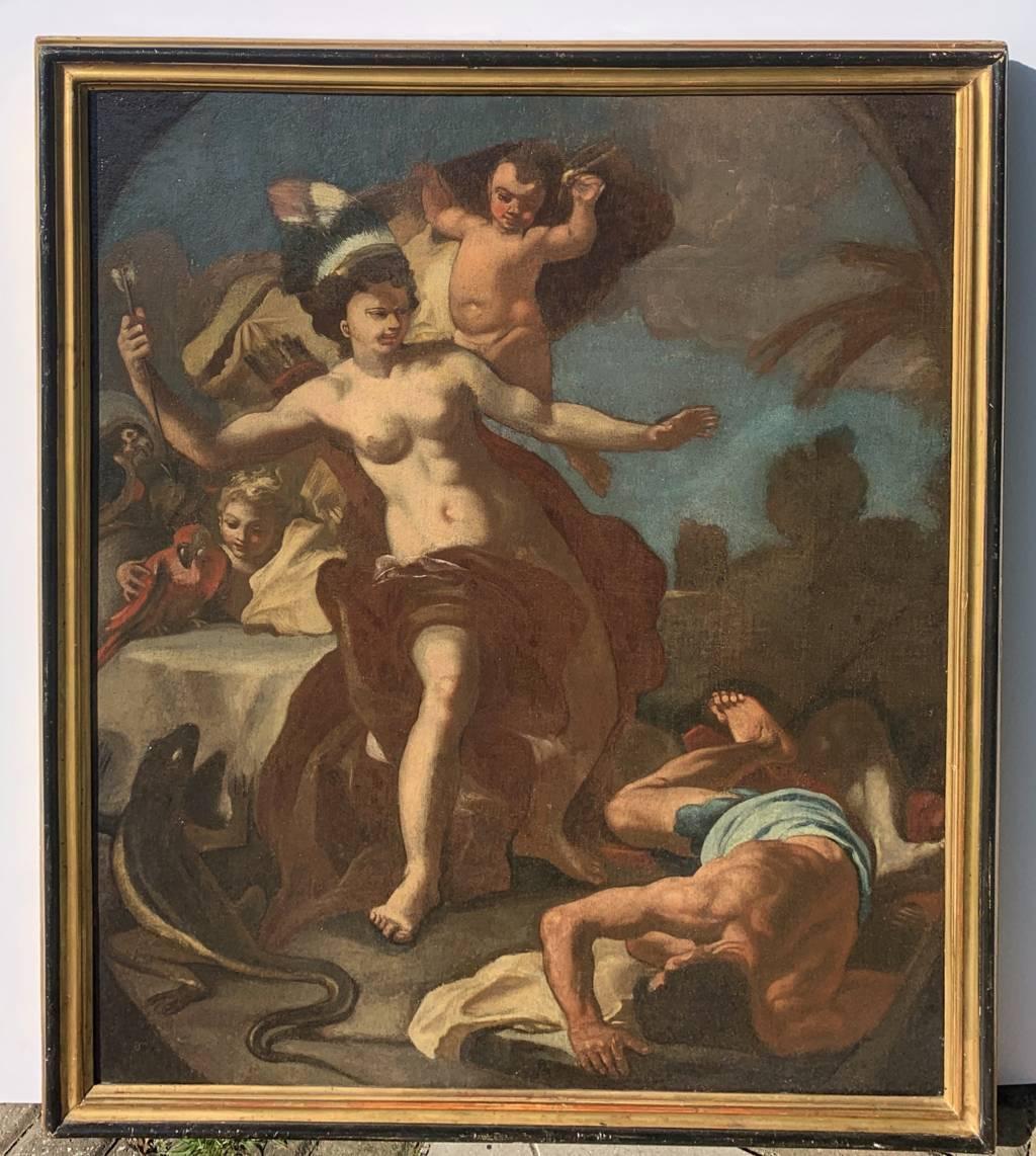 Rococò pittore napoletano - Pittura di figura del XVIII secolo - Allegoria dell'America - Landscape Painting Nero di Unknown
