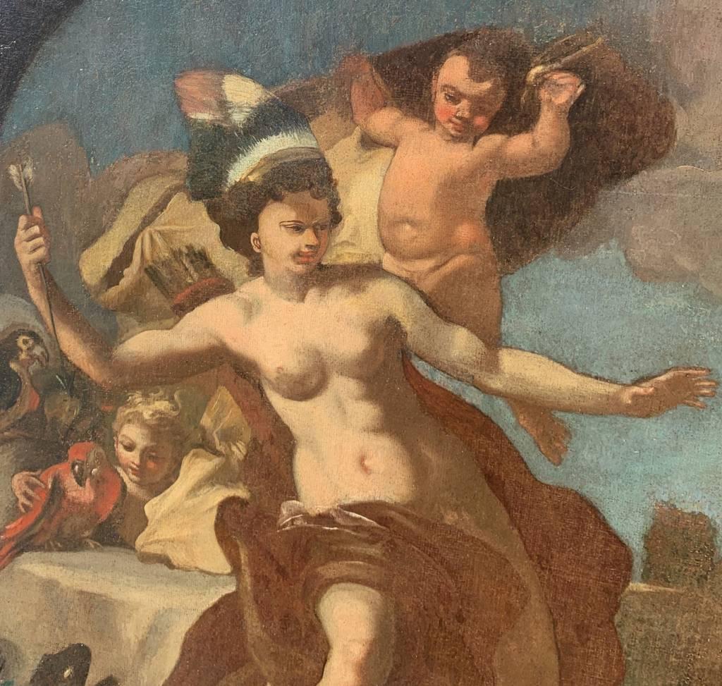 Pittore napoletano (XVIII secolo) - Allegoria dell'America.

76,5 x 64,5 cm senza cornice, 83 x 69,5 cm con cornice.

Antico dipinto a olio su tela, in una cornice di legno laccato e dorato.

Rapporto sulle condizioni: Tela foderata. Buono stato di