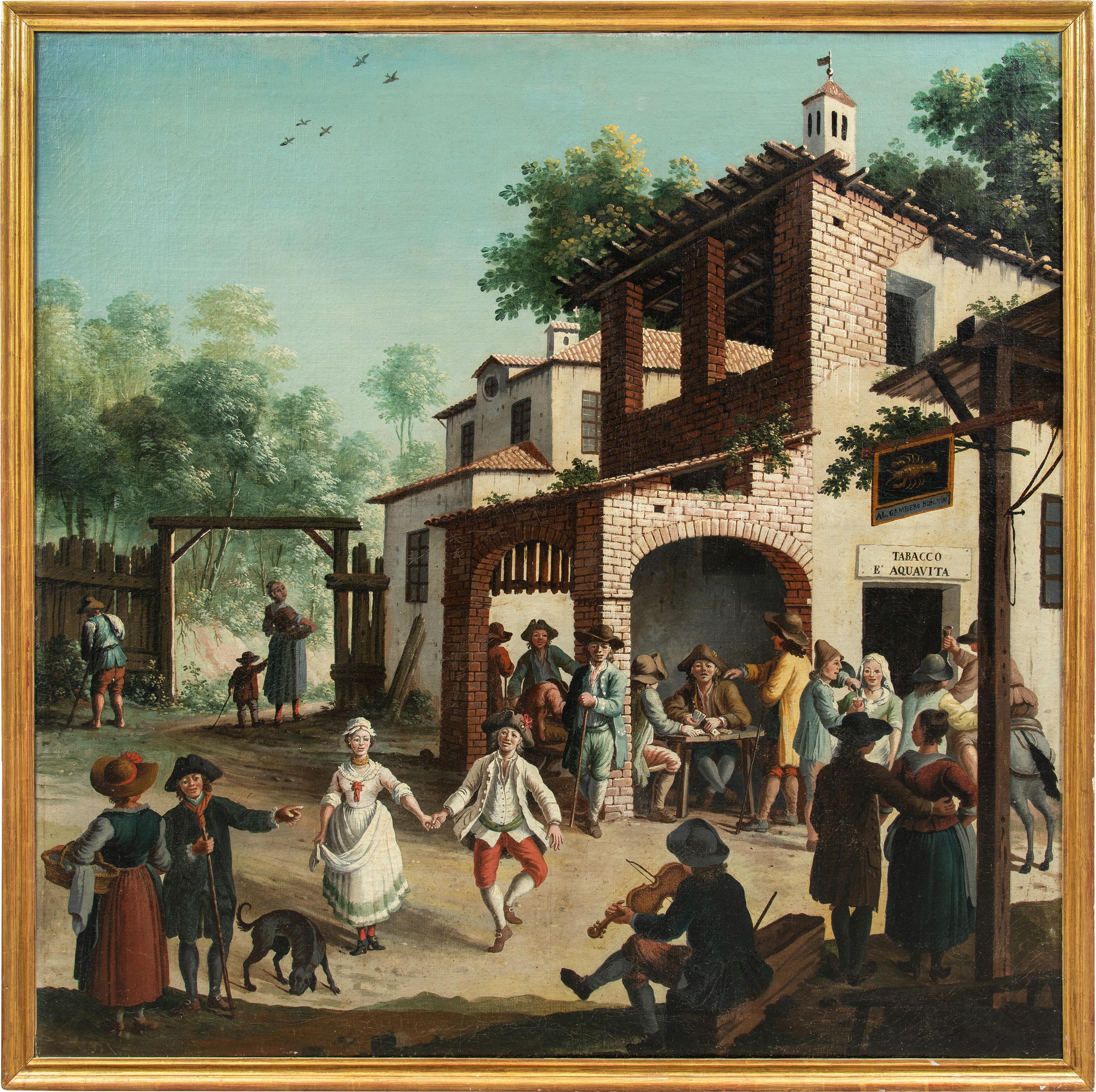 Unknown Landscape Painting - Rococò Master in Piedmont - 18th century landscape painting - Tavern Al Gambero
