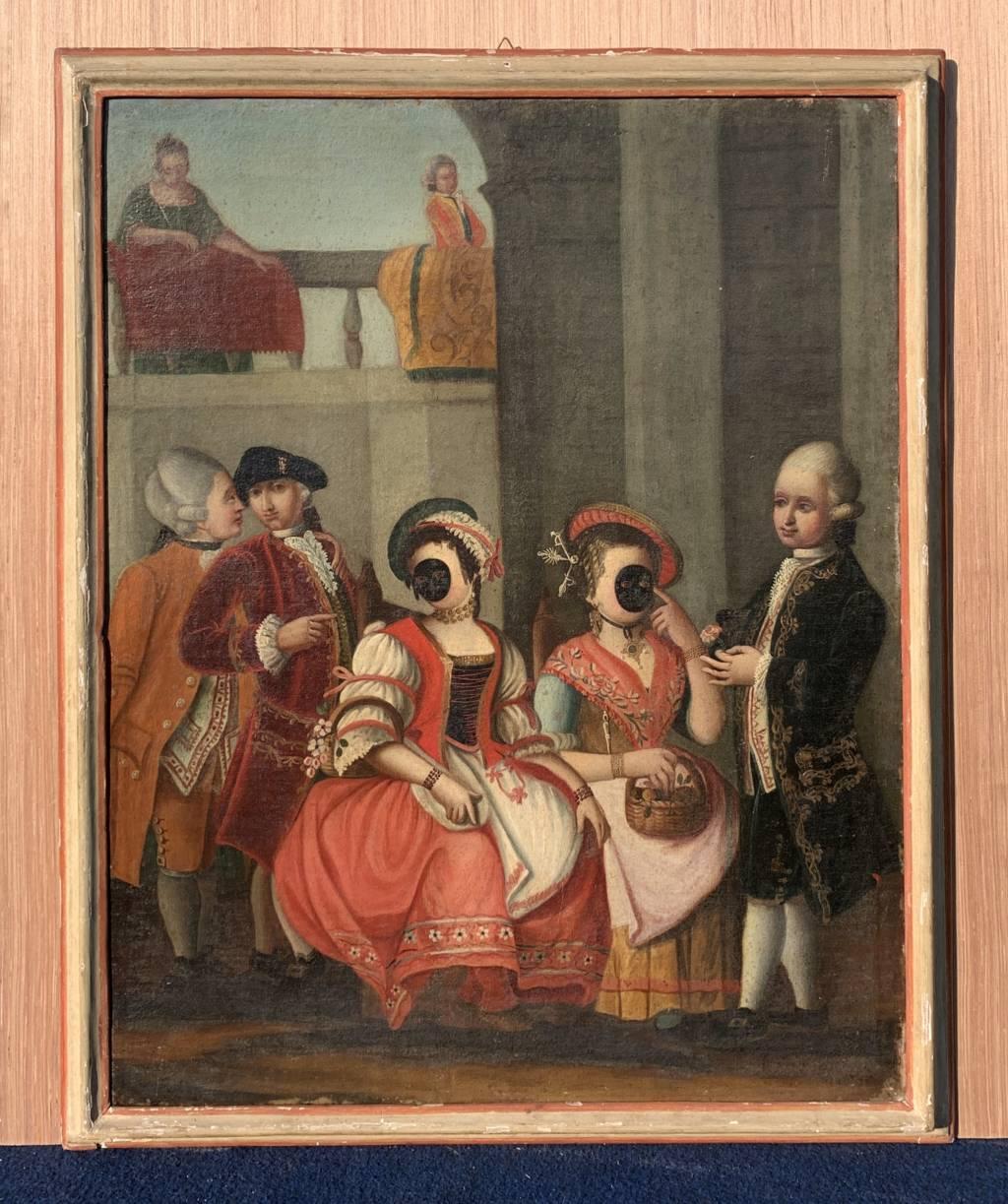 Rococò Venetian master - 18th century figure painting - Masked figurines - Painting by Unknown