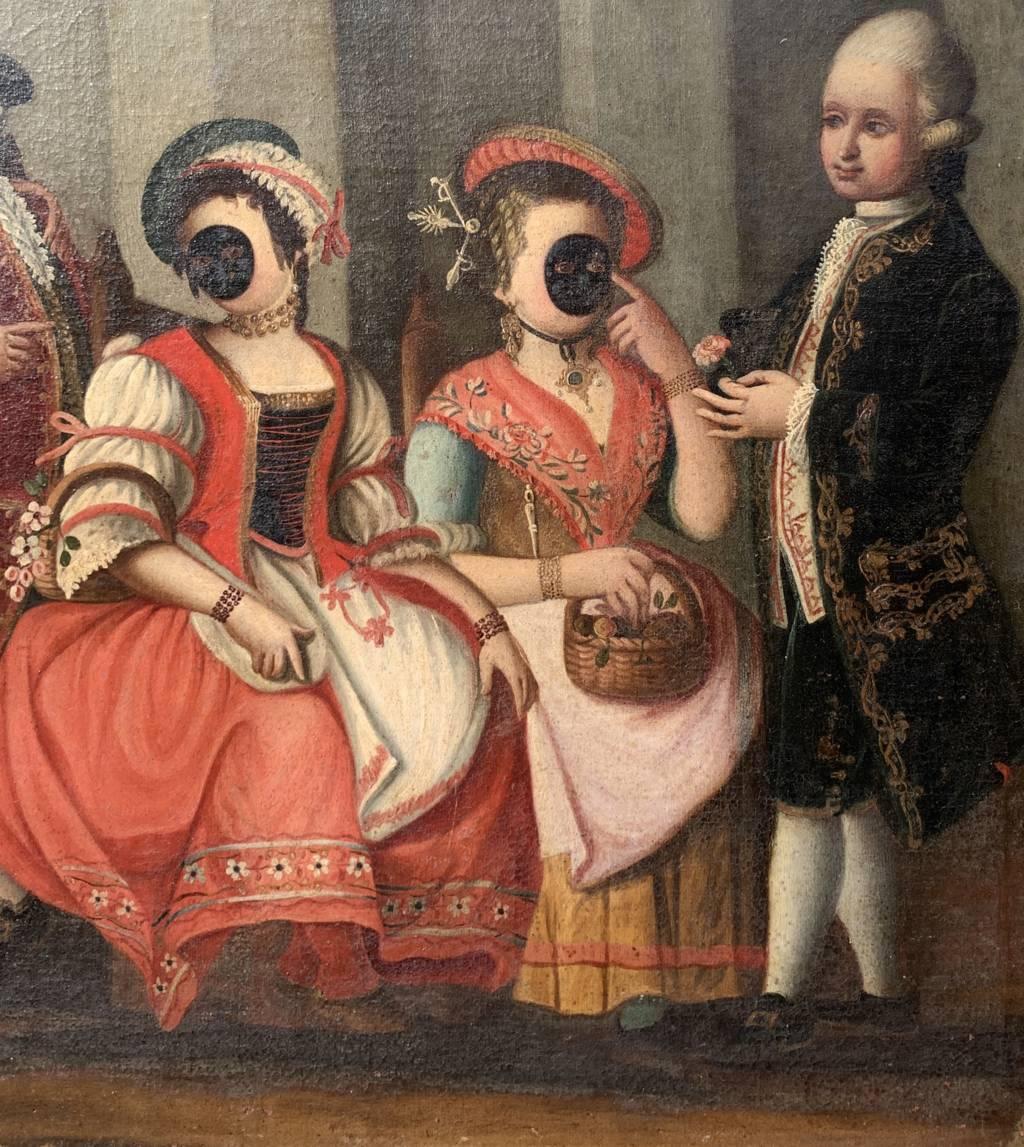 Rococò Venetian master - 18th century figure painting - Masked figurines - Rococo Painting by Unknown