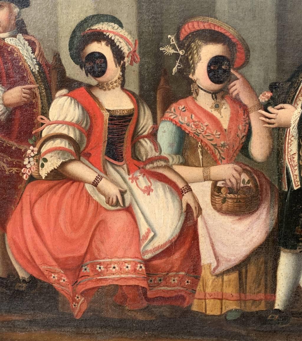 Peintre vénitien (XVIIIe siècle) - Scène galante avec personnages masqués.

80 x 63,5 cm sans cadre, 87,5 x 70,5 cm avec cadre.

Peinture à l'huile ancienne sur toile, dans un cadre en bois.

État des lieux : Toile doublée. Bon état de conservation