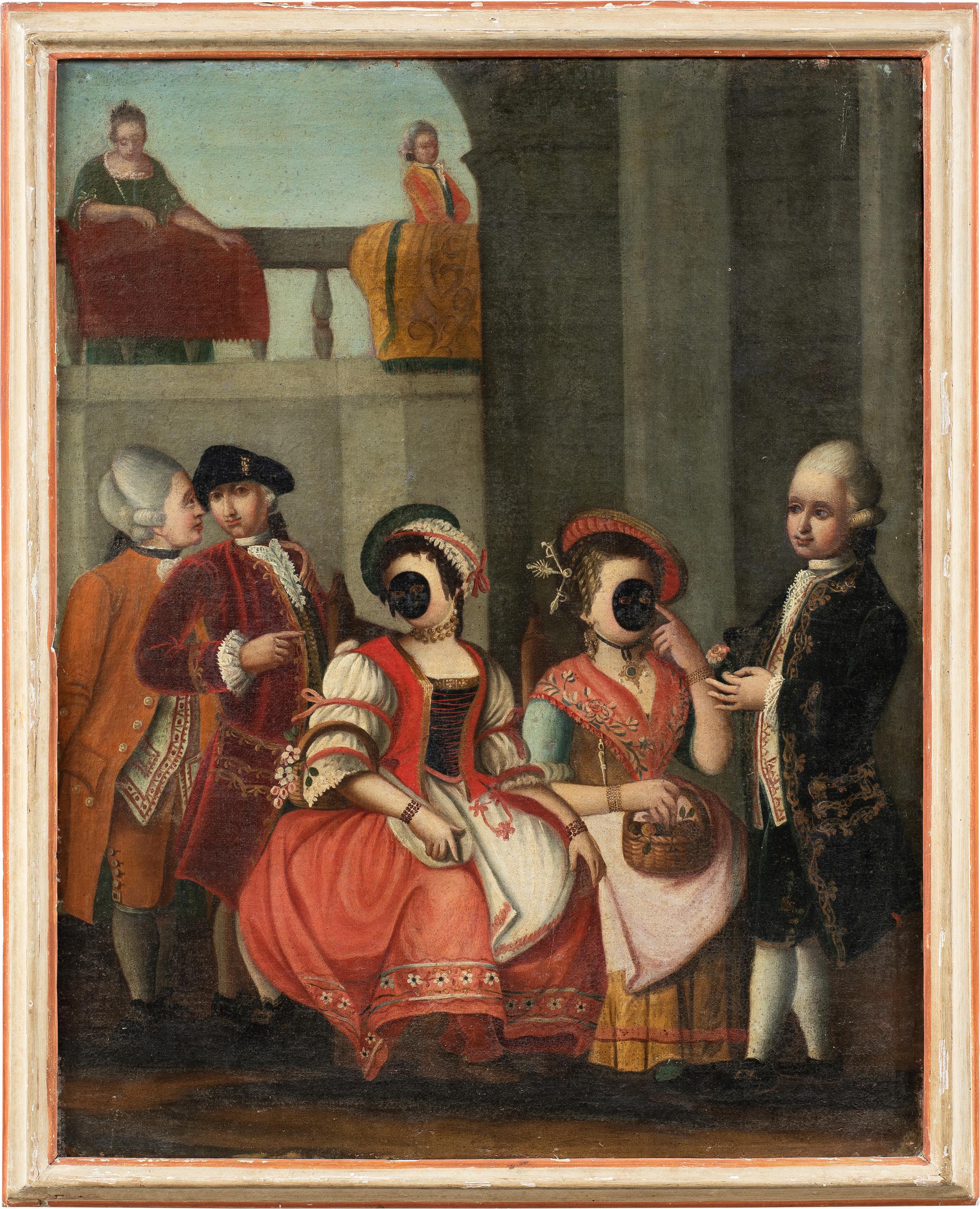 Figurative Painting Unknown - Rococò Maître vénitien - Peinture de figures du XVIIIe siècle - Figurines masquées