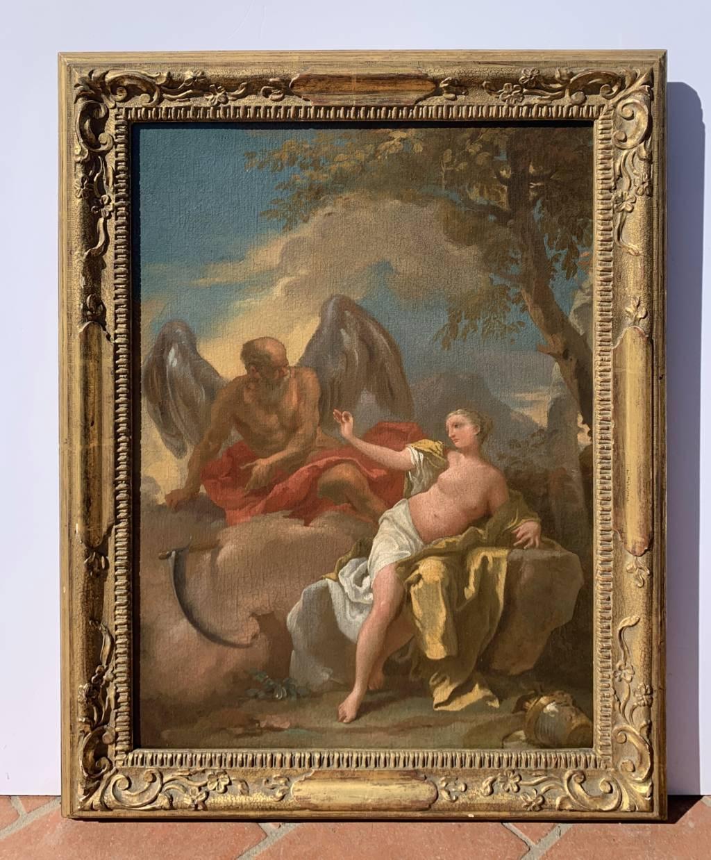 Pintor veneciano (siglo XVIII) - Boceto de Venus y Cronos.

59 x 43 cm sin marco, 70 x 54 cm con marco.

Antigua pintura al óleo sobre lienzo, en un marco de madera tallada y dorada.

Informe sobre el estado de conservación: Pintura sometida a