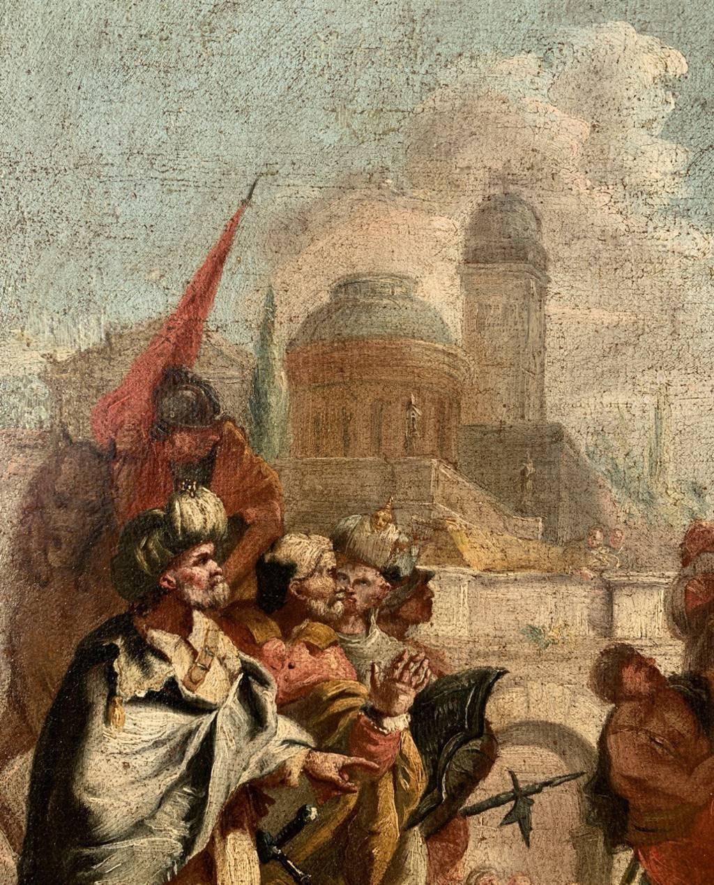 Peintre vénitien (XVIIIe siècle) - Christ conduit au jugement (esquisse préparatoire).

48 x 36 cm sans cadre, 62 x 50,5 cm avec cadre.

Peinture à l'huile ancienne sur toile, dans un cadre en bois sculpté et doré.

- Le tableau peut être attribué