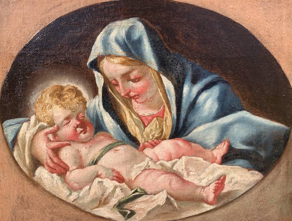 Peintre vénitien (XVIIIe siècle) - Vierge à l'enfant.

37,5 x 45,5 cm sans cadre, 55 x 63 cm avec cadre.

Peinture à l'huile ancienne sur toile, dans un cadre en bois sculpté.

État des lieux : Toile doublée. Bon état de conservation de la surface