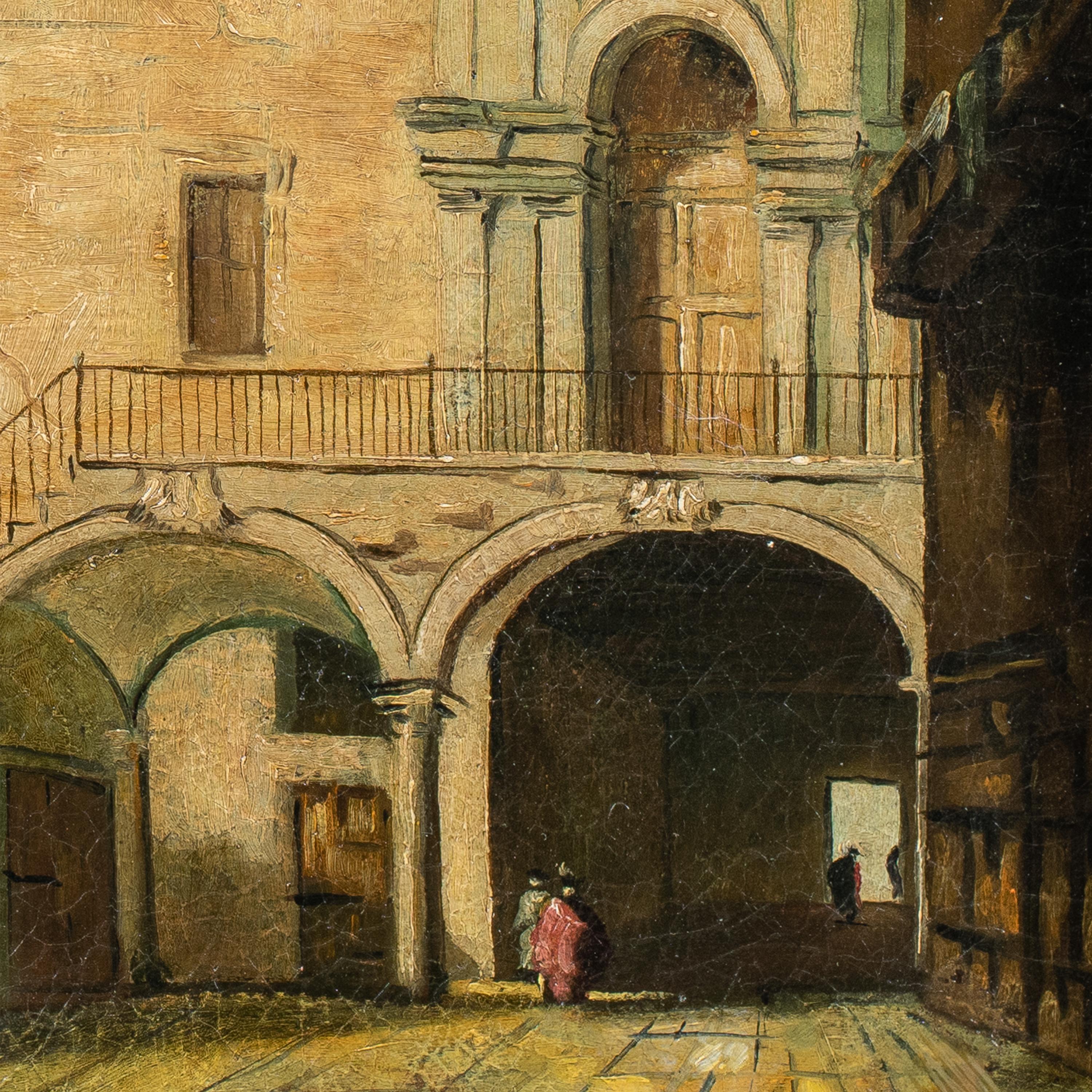 Francesco Guardi (Venezia 1712 - Venezia 1793) seguace di - Portico Veneziano.

68 x 54 cm senza cornice, 84 x 70 cm con cornice.

Antico dipinto a olio su tela, in cornice di legno.

Rapporto sulle condizioni: Tela foderata. Buono stato di