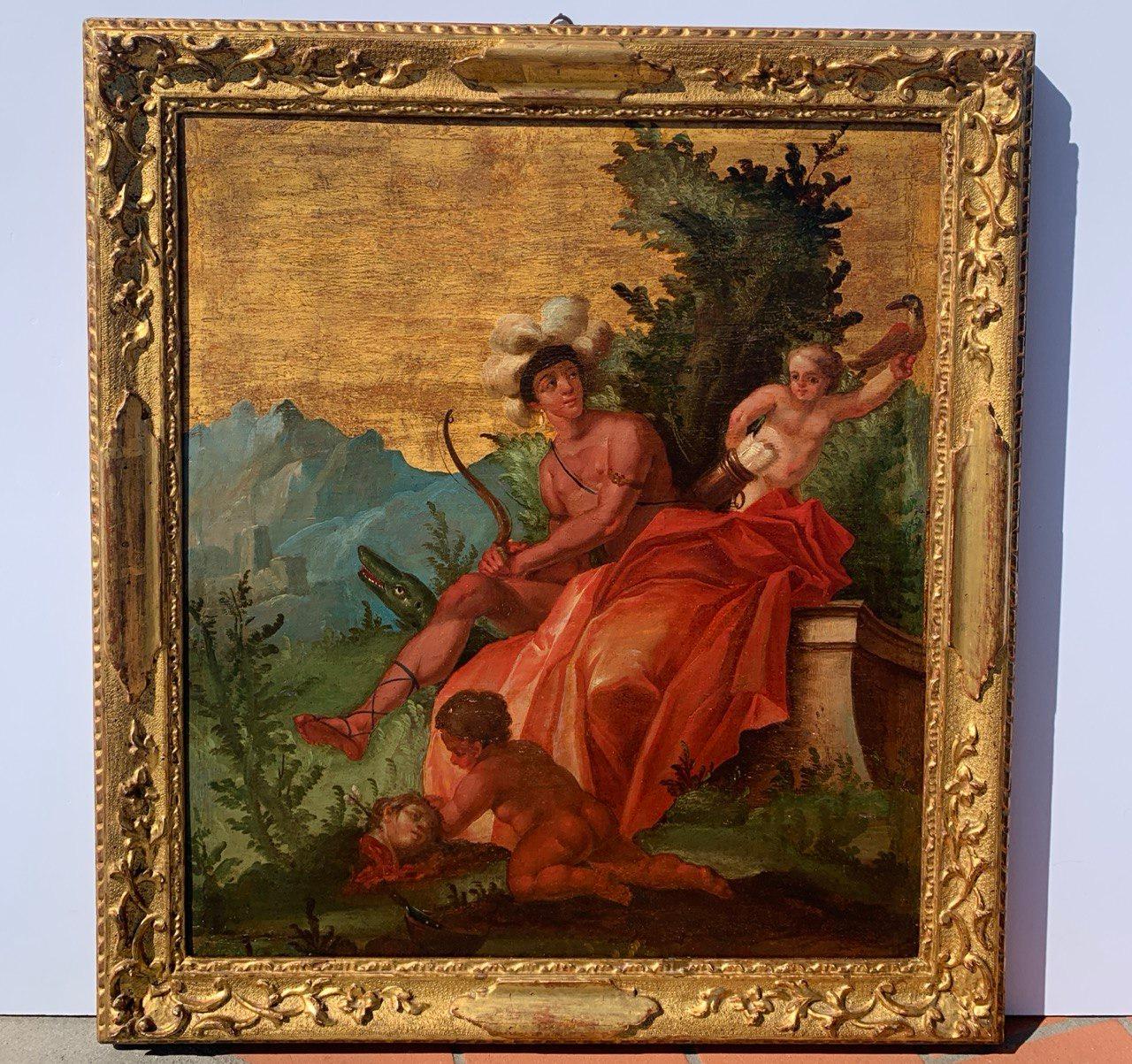 Rococò Venetian painter - Pair of 18th century figure paintings - Allegory For Sale 7