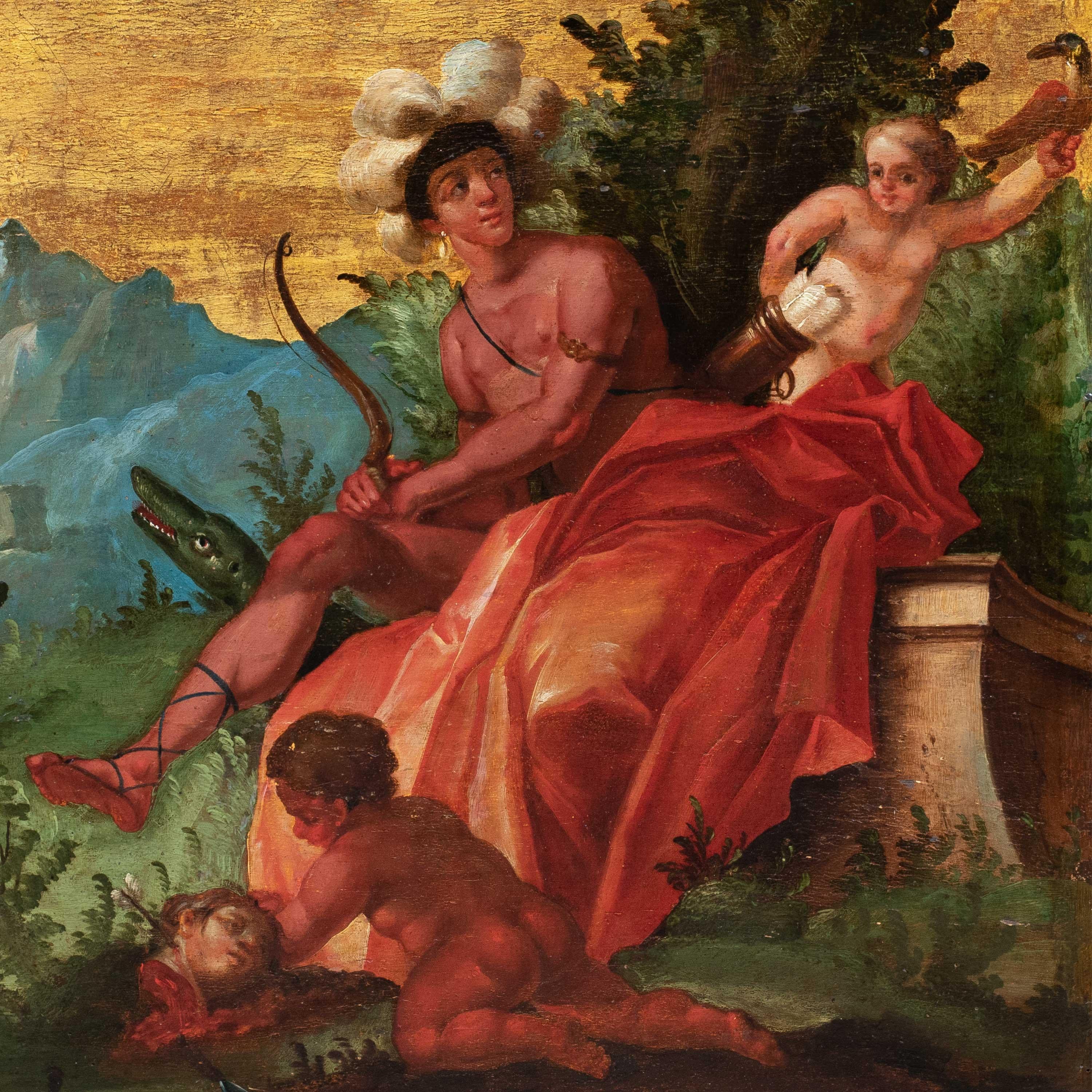 Venetian painter (18th century) - Allegory of Asia and Allegory of America.

60 x 53 cm unframed, 71 x 64 cm with frame.

Pair of oil paintings on gold-ground panels, in carved and gilded wooden frames (not signed).

Condition report: Parquet