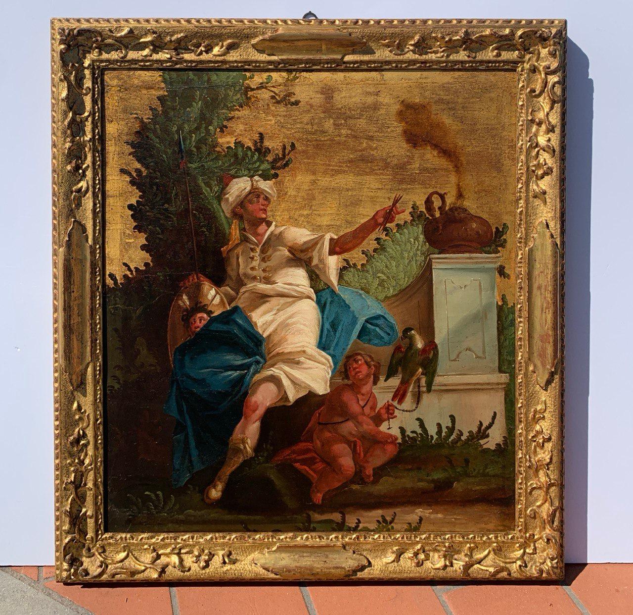Rococò Venetian painter - Pair of 18th century figure paintings - Allegory For Sale 1