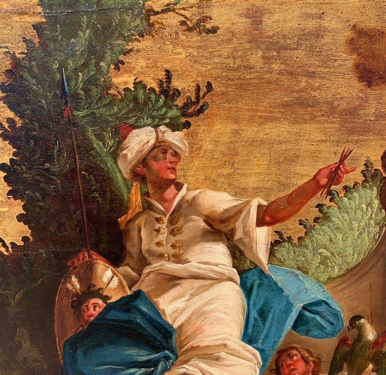 Rococò Venetian painter - Pair of 18th century figure paintings - Allegory For Sale 4