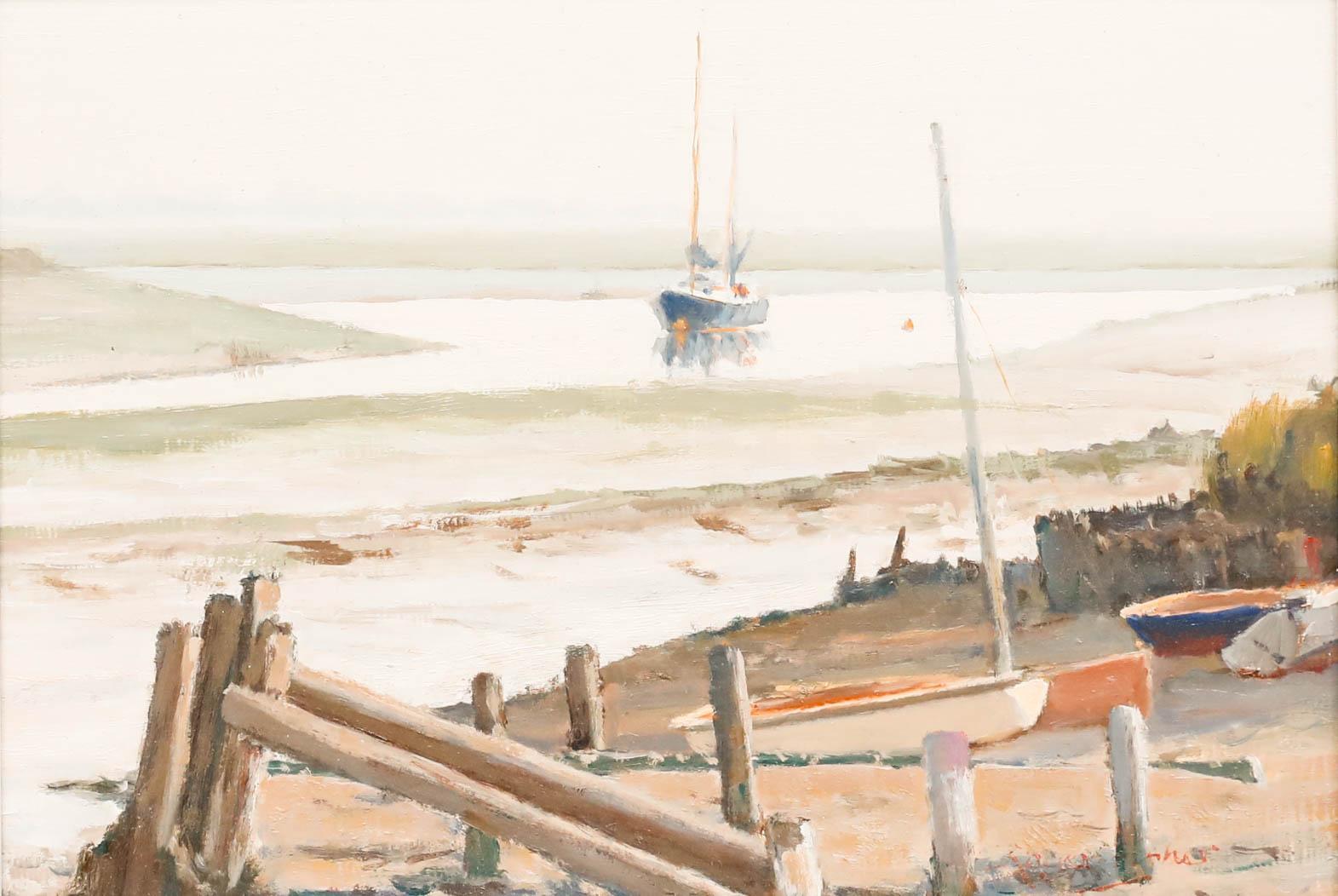 Roger Fisher RSMA (1919-1993) - 1984 Oil, Low Tide, Landermere Wharf - Painting by Unknown