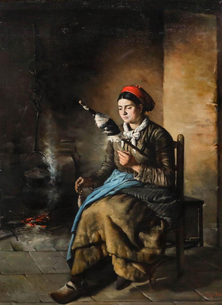 Roger Leon - 1888 Oil, Spinning Wool - Brown Figurative Painting by Unknown
