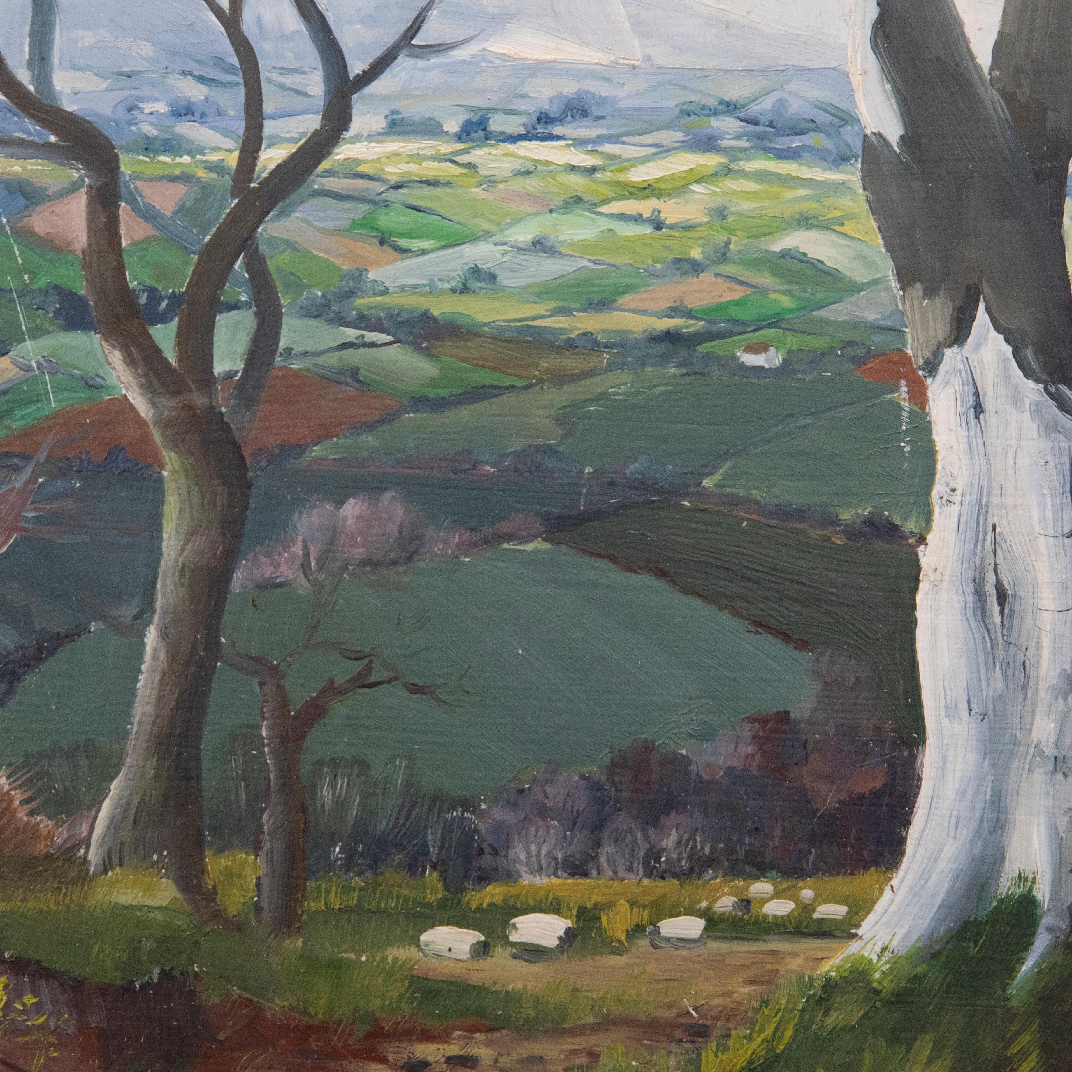 Un encantador estudio al óleo a la manera del artista británico John Nash. El artista representa árboles desnudos ante colinas onduladas que se extienden en la distancia. Los rayos del sol se abren paso entre las nubes para iluminar el paisaje