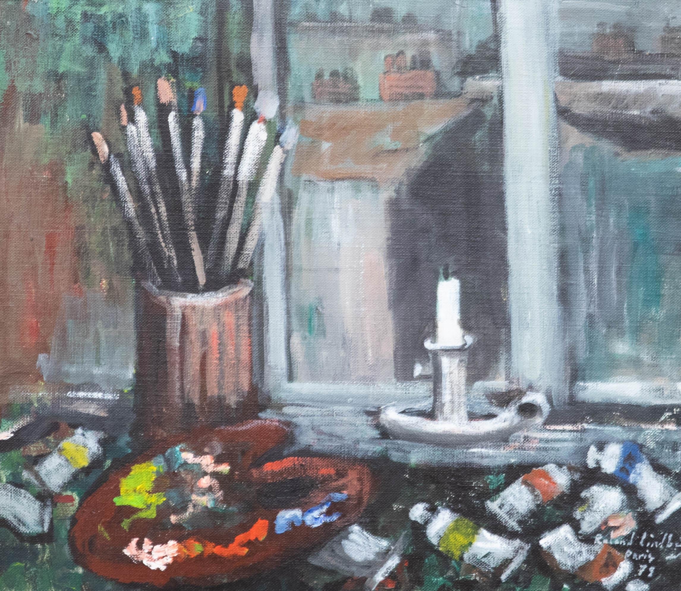 Roland Lindberg - Olio del XX secolo con cornice, Gli strumenti dell'artista - Painting di Unknown