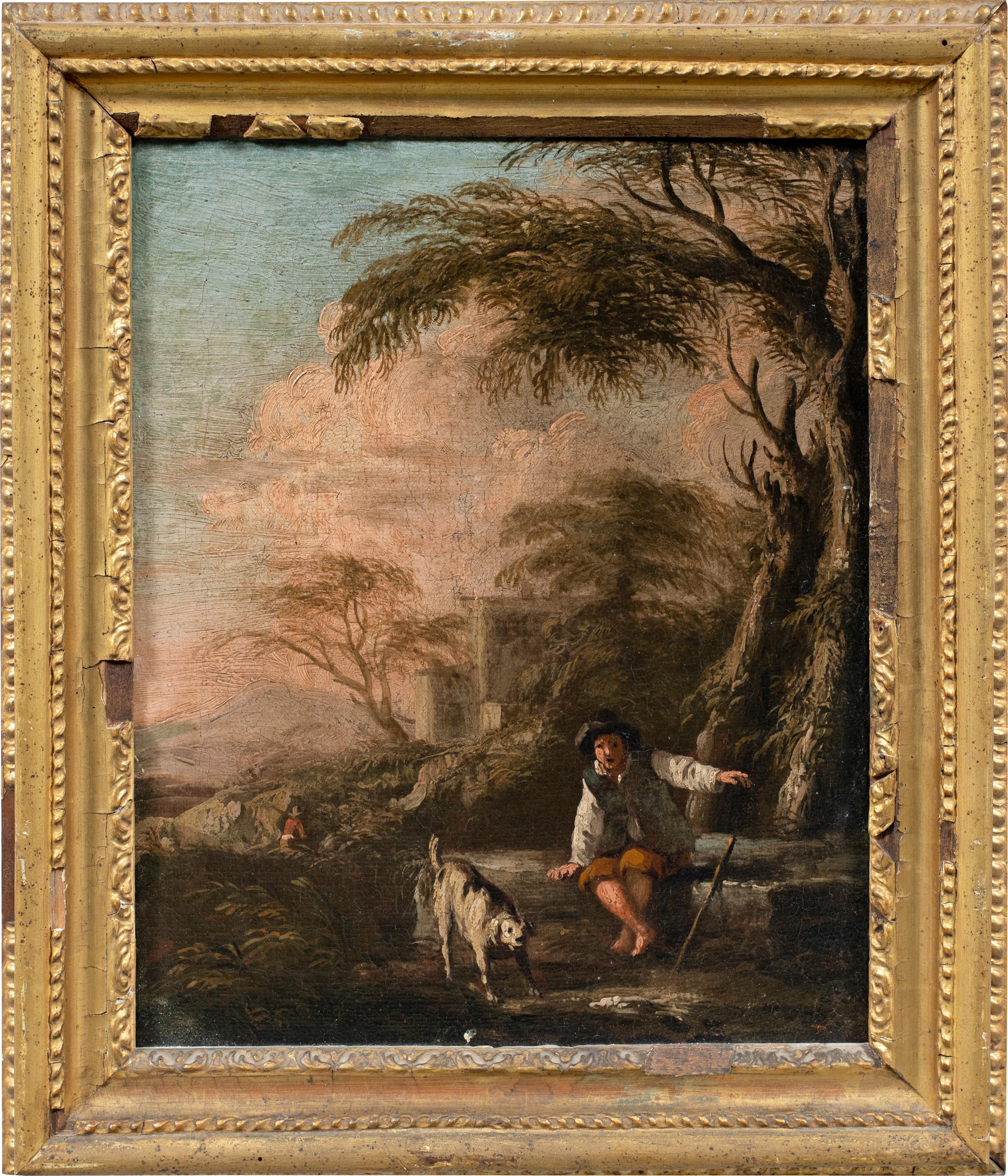 Figurative Painting Unknown - Roman Bamboccianti, peintre – Paysage baroque du XVIIe siècle représentant un berger